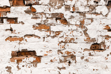 Red with White Retro Grunge Brickwall Backdrop. Stonewall Wallpaper. Vintage Wall With Peeled Plaster.