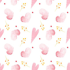 Seamless pattern with hearts and herbs on white background Watercolor illustration. Valentines day