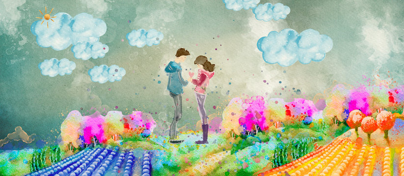 Haappy couple, watercolor banner, greeting card