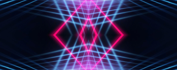 Dark abstract futuristic background. Neon lines glow. Neon lines, shapes. Multi-colored glow, blurry lights, bokeh. Empty stage background