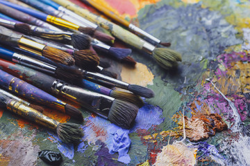 Paint brushes on palette, close up
