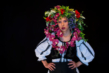 beautiful caucasian woman with vivid flower crown