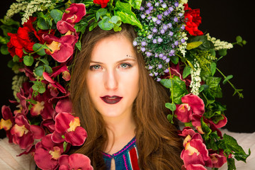 colorful flowers, pure skin and dark lipstick