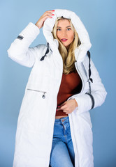 Fancy winter clothes. Jacket has extra insulation and slightly longer fit in order to protect your body from sharp winter weather. Girl wear white jacket. Not every jacket is ideal for every climate © be free