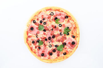  pizza with ham cheese hunting sausages and olives on a light background1