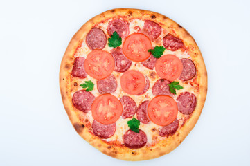 pizza with cheese sausage mushrooms on a white background for the site
