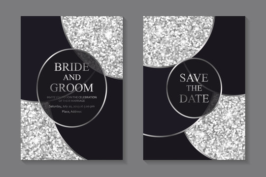 Set of modern luxury wedding invitation design or card templates for business or presentation or greeting with silver glitter and black circles.
