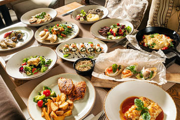 Christmas banquet  with many dishes, top view