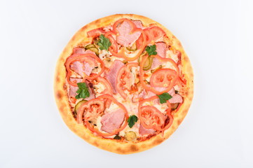  pizza with ham cheese pickled tomatoes and red bell pepper on a white background