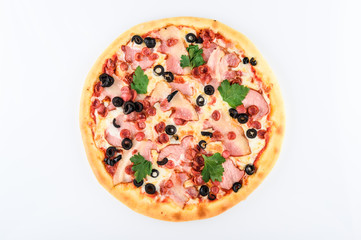  pizza with ham cheese hunting sausages and olives on a light background