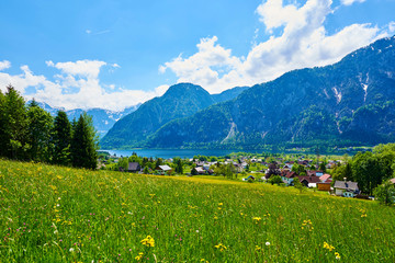 Beautiful sunny day in a village in Austria. Bad Goisern, Upper Austria. 