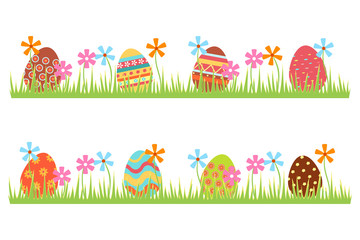 Easter eggs icons. Colorful eggs lie in the grass with flowers. Flat cartoon design. Large set with eggs with different patterns. Easter illustration creation template. Vector