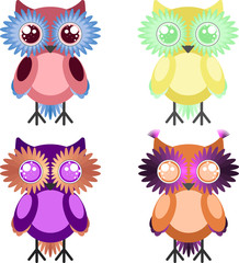 Owls in four versions with expressive eyes and bright plumage. Vector graphics.