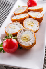 Scotch egg meat balls on rustic wooden background