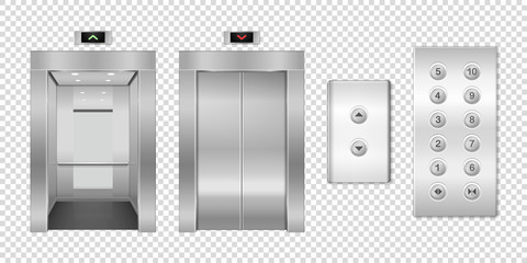 Vector 3d Realistic Blank Empty Open and Closed Steel, Chrome, Silver Metal Office Building Lift Elevator Doors with Buttons Set Closeup Isolated. Floor interior mockup. Business Concept. Front View © gomolach