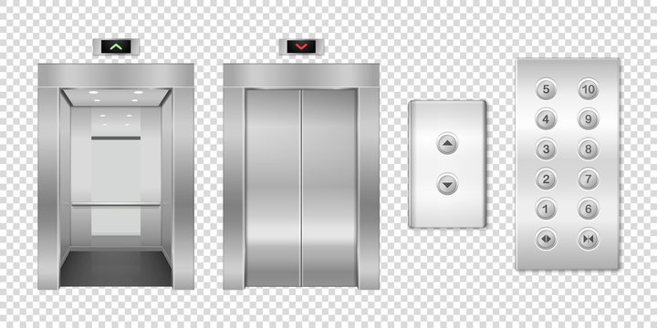 Vector 3d Realistic Blank Empty Open and Closed Steel, Chrome, Silver Metal Office Building Lift Elevator Doors with Buttons Set Closeup Isolated. Floor interior mockup. Business Concept. Front View