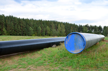 Natural gas pipeline construction work. A dug trench in the ground for the installation and installation of industrial gas and oil pipes. Underground work project. Small sharpness, granularity