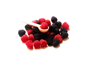 raspberries and blackberries on white background