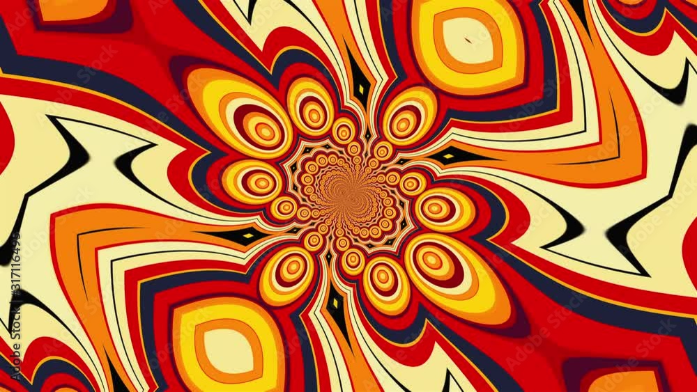 Poster swirling mandala with a colored striped elements forming the petals and circles. 3d rendering of a c