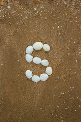 Inscription on sand from shells - s, camping, tourism