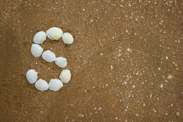 Inscription on sand from shells - s, camping, tourism