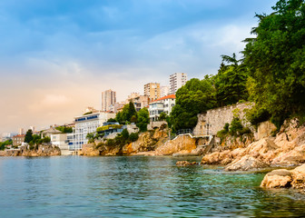 Coastline with Sablicevo Beach and hotels on cliffs in Rijeka, Croatia