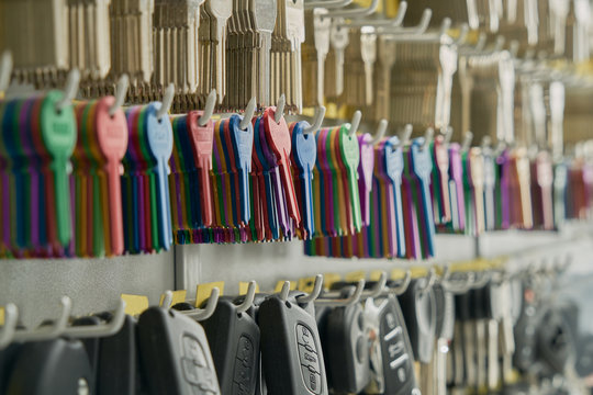 duplicates of keys of car and house in the wall of a locksmith's shop to be able to make the copies