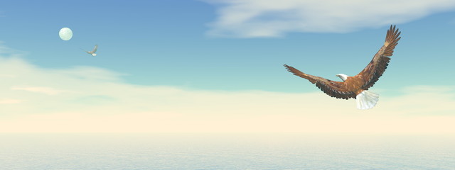 Naklejka na ściany i meble Bald eagle flying to the moon - 3D render