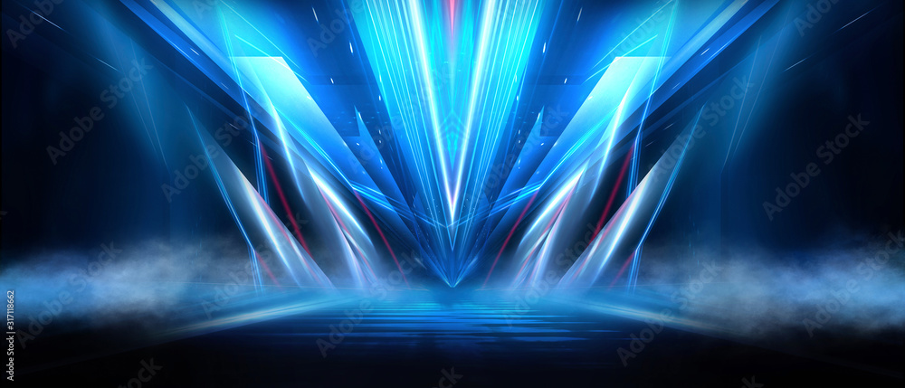 Wall mural tunnel in blue neon light, underground passage. abstract blue background. background of an empty bla