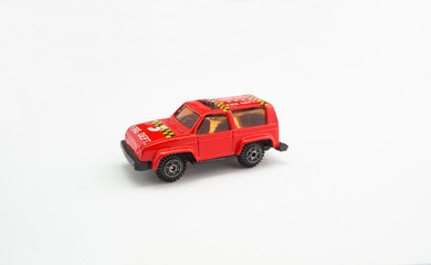 Fototapeta na wymiar toy red car fire dept on white background
