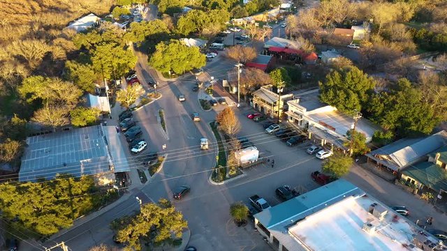 4K Texas Wimberley Aerial Orbit at Sunrise Downtown Main Square Highway 12
