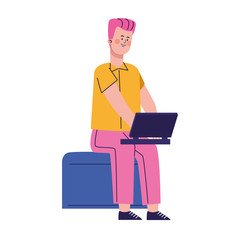 cartoon man sitting using a laptop computer