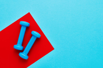 Blue dumbbells lie on red-blue background. The concept of healthy lifestyle. Copy space, top view