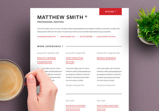 Resume Layout with Minimal Design and Red Accent