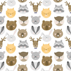 Seamless pattern with cute forest animal faces, hand drawn isolated on a white background