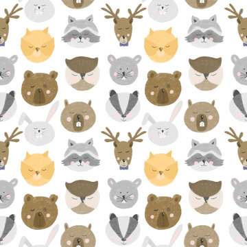 Seamless pattern with cute forest animal faces, hand drawn isolated on a white background
