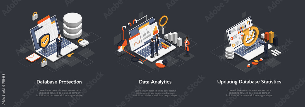 Poster isometric set of business database protection, data analytics, updating database statistics. profess