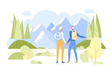 Senior Couple with Backpacks Admiring Mountains