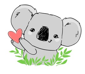 Cute koala and heart beautiful childish print. Hand Drawn Animal Vector illustration.