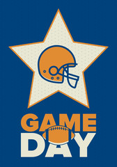 Game Day. American football playoff. Super Bowl Party in United States. Final game of regular season. Professional team championship. Ball for american football. Sport poster. Vector illustration