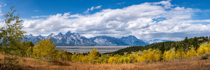 Panorama of the Grand Tetons in Fall, Grand Teton NP, Wyoming, USA.
