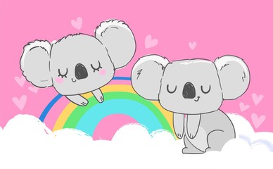 A cute gray koala is sitting on a rainbow. Childish vector stock illustration. Pink background with heart.