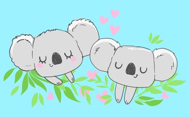 Hand drawn cute koala with leaves. Vector. Cute koala gray and pink heart print for baby clothes.