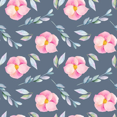 Seamless pattern of watercolor pink briar flowers and branches, hand painted on dark blue background