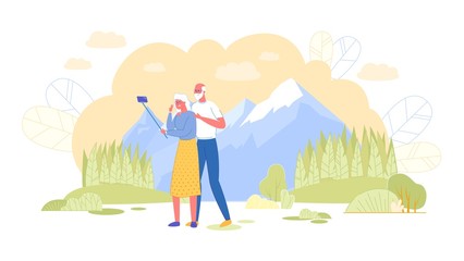Obraz na płótnie Canvas Loving Elderly Couple Making Selfie in Mountains
