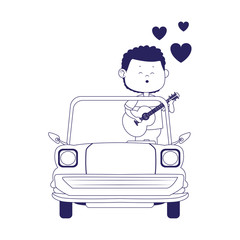 classic car with man singing icon, flat design