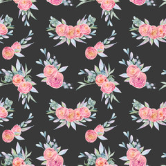 Seamless pattern of watercolor floral bouquets and compositions of roses and green plants, hand painted on dark background