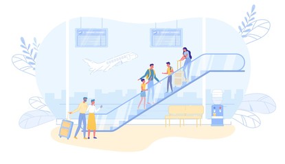 Airline Passengers Characters Stand on Escalator.
