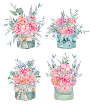 Collection of watercolor isolated gift boxes with pink beautiful roses, green leaves and branches, hand painted on white background