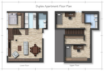 Architectural Color Duplex Apartment Floor Plan. Interior project design with Disposition Arrangement Furniture